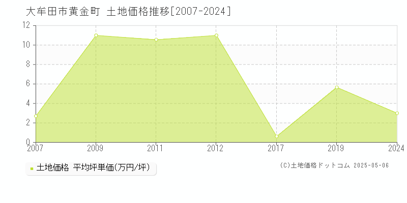 黄金町(大牟田市)の土地価格推移グラフ(坪単価)[2007-2024年]